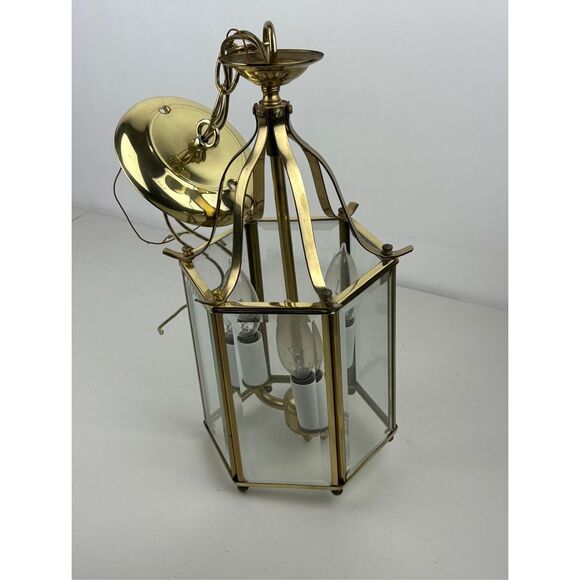 Vintage MCM American Lantern Co Pendant Ceiling Lamp Brass Glass 6 Panel 3 Light - Picture 10 of 12